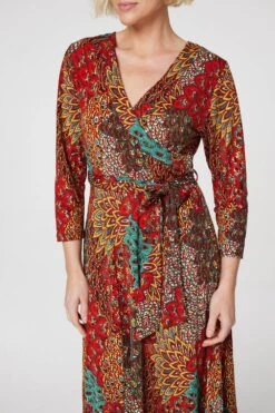Peacock Print Wrap Maxi Dress -Hallmark Style D167912 ORANGE 4
