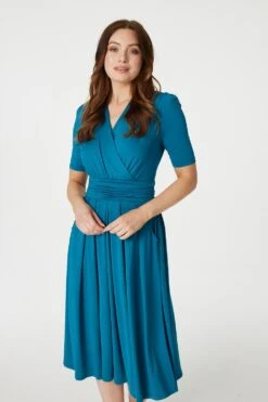 Ruched Waist Jersey Wrap Dress -Hallmark Style D167913 TURQUOISE 2