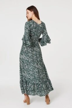 Printed Flare Sleeve Maxi Dress -Hallmark Style D167921 GREEN 5