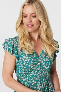 Floral Ruffle Sleeve Skater Dress -Hallmark Style D167928 GREEN 3