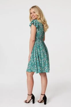 Floral Ruffle Sleeve Skater Dress -Hallmark Style D167928 GREEN 6