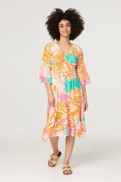 Floral Flare Sleeve Midi Dress -Hallmark Style D168090 ORANGE 1