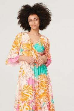 Floral Flare Sleeve Midi Dress -Hallmark Style D168090 ORANGE 2