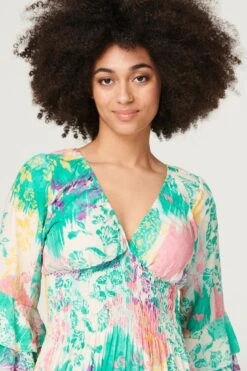 Floral Flute Sleeve Maxi Dress -Hallmark Style D168091 MULTI GREEN 4