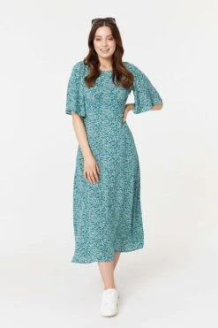 Ditsy Floral 1/2 Sleeve Midi Dress -Hallmark Style D168110 LIGHT GREEN 1