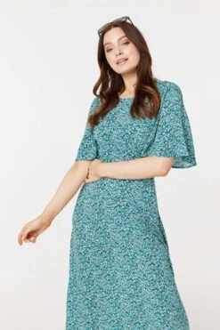 Ditsy Floral 1/2 Sleeve Midi Dress -Hallmark Style D168110 LIGHT GREEN 3