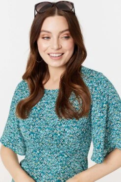 Ditsy Floral 1/2 Sleeve Midi Dress -Hallmark Style D168110 LIGHT GREEN 5