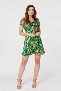 Floral V-Neck Short Skater Dress 9 Floral V-Neck Short Skater Dress -Hallmark Style D168117 GREEN 1
