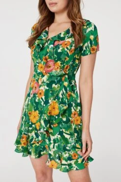 Floral V-Neck Short Skater Dress 11 Floral V-Neck Short Skater Dress -Hallmark Style D168117 GREEN 4