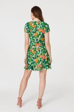 Floral V-Neck Short Skater Dress 10 Floral V-Neck Short Skater Dress -Hallmark Style D168117 GREEN 5