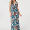 Feather Print Empire Maxi Dress -Hallmark Style D168121 TEAL 1