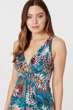 Feather Print Empire Maxi Dress -Hallmark Style D168121 TEAL 3