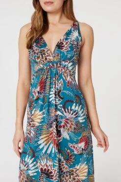 Feather Print Empire Maxi Dress -Hallmark Style D168121 TEAL 4