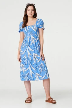 Leaf Print Smocked Midi Dress -Hallmark Style D168155 BLUE 1