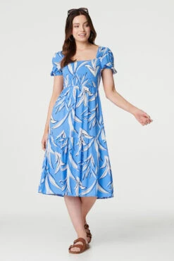 Leaf Print Smocked Midi Dress -Hallmark Style D168155 BLUE 2