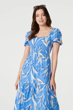 Leaf Print Smocked Midi Dress -Hallmark Style D168155 BLUE 3