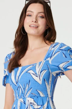 Leaf Print Smocked Midi Dress -Hallmark Style D168155 BLUE 4