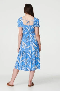 Leaf Print Smocked Midi Dress -Hallmark Style D168155 BLUE 5