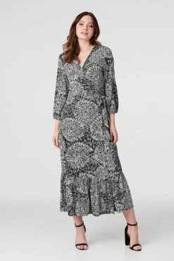 Printed 3/4 Sleeve Midi Wrap Dress -Hallmark Style D168156 BLACK 1