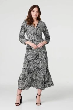 Printed 3/4 Sleeve Midi Wrap Dress -Hallmark Style D168156 BLACK 2