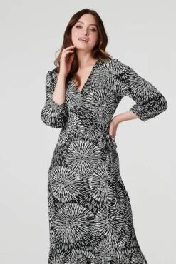 Printed 3/4 Sleeve Midi Wrap Dress -Hallmark Style D168156 BLACK 3
