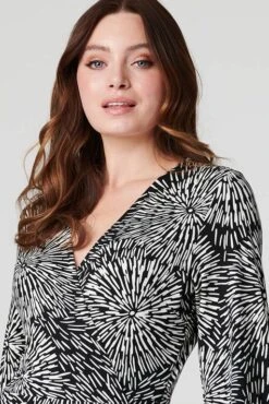 Printed 3/4 Sleeve Midi Wrap Dress -Hallmark Style D168156 BLACK 4