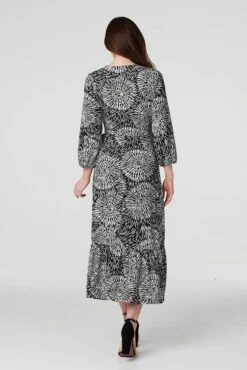 Printed 3/4 Sleeve Midi Wrap Dress -Hallmark Style D168156 BLACK 5