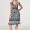 Aztec Print Smocked Detail Dress -Hallmark Style D168325 MULTI GREEN 2