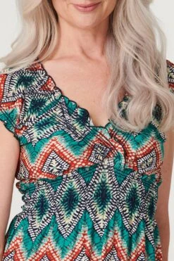 Aztec Print Smocked Detail Dress -Hallmark Style D168325 MULTI GREEN 4