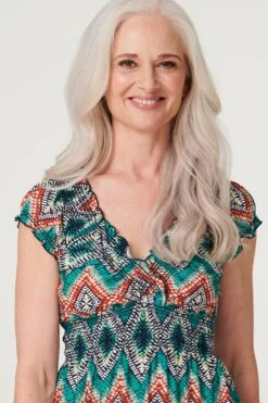 Aztec Print Smocked Detail Dress -Hallmark Style D168325 MULTI GREEN 5