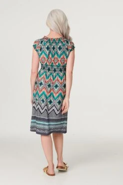 Aztec Print Smocked Detail Dress -Hallmark Style D168325 MULTI GREEN 6