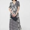 Floral 1/2 Sleeve Midi Wrap Dress -Hallmark Style D168368 BLACK AND WHITE 1