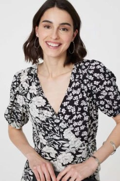 Floral 1/2 Sleeve Midi Wrap Dress -Hallmark Style D168368 BLACK AND WHITE 3