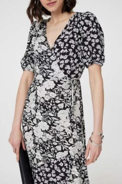 Floral 1/2 Sleeve Midi Wrap Dress -Hallmark Style D168368 BLACK AND WHITE 4