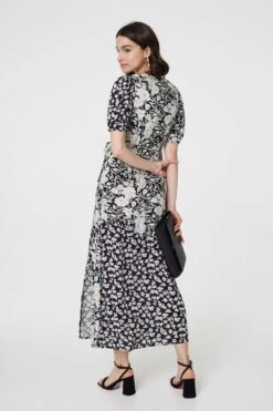 Floral 1/2 Sleeve Midi Wrap Dress -Hallmark Style D168368 BLACK AND WHITE 6