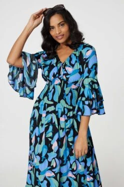 Printed Ruffle Hem Empire Maxi Dress 8 Printed Ruffle Hem Empire Maxi Dress -Hallmark Style D168400 MULTI BLUE 2