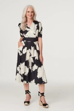 Monochrome Floral Ruched Waist Dress -Hallmark Style D168415 MULTI BLACK 2