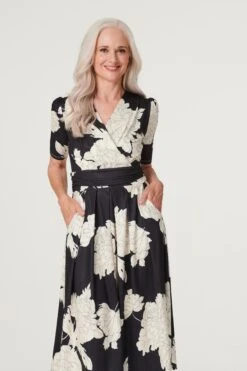 Monochrome Floral Ruched Waist Dress -Hallmark Style D168415 MULTI BLACK 3
