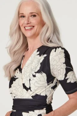 Monochrome Floral Ruched Waist Dress -Hallmark Style D168415 MULTI BLACK 4