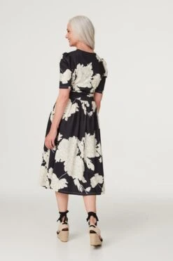 Monochrome Floral Ruched Waist Dress -Hallmark Style D168415 MULTI BLACK 5