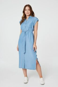 Hallmark Style 7 Denim Side Split Midi Shirt Dress