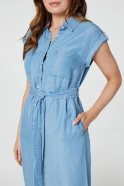 Denim Side Split Midi Shirt Dress -Hallmark Style D168433 DENIM BLUE 6