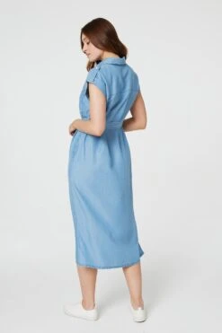 Denim Side Split Midi Shirt Dress -Hallmark Style D168433 DENIM BLUE 8