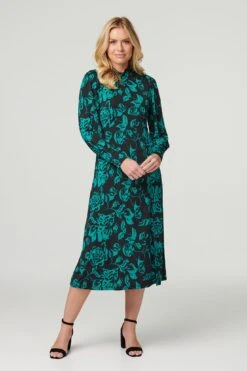 Floral High Neck Split Midi Dress 12 Floral High Neck Split Midi Dress -Hallmark Style D168486 MULTI GREEN 1