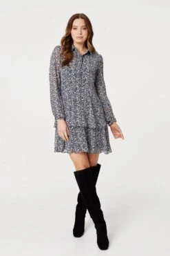 Floral Layered Hem Shirt Dress -Hallmark Style D168491 MULTI BLACK 1