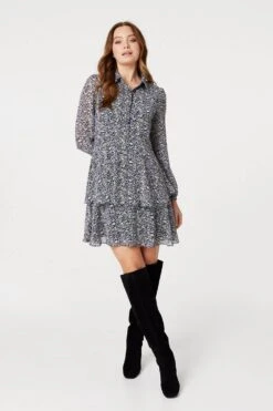 Floral Layered Hem Shirt Dress -Hallmark Style D168491 MULTI BLACK 2