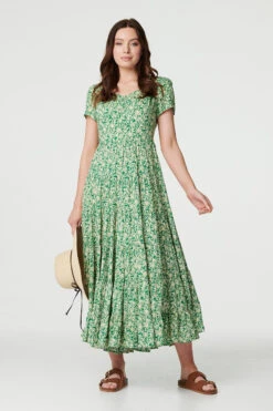Vintage Floral Pleated Midi Dress -Hallmark Style D168535 MULTI GREEN 1