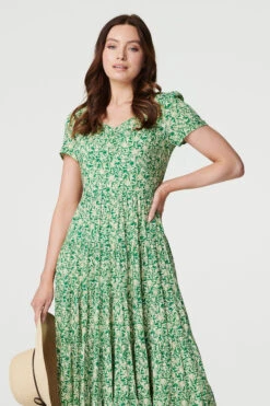 Vintage Floral Pleated Midi Dress -Hallmark Style D168535 MULTI GREEN 3