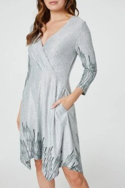 Printed Hanky Hem Wrap Dress -Hallmark Style D168564 GREY 10