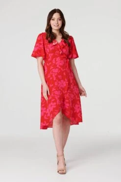 Floral 1/2 Flare Sleeve Wrap Dress -Hallmark Style D168590 RED 1